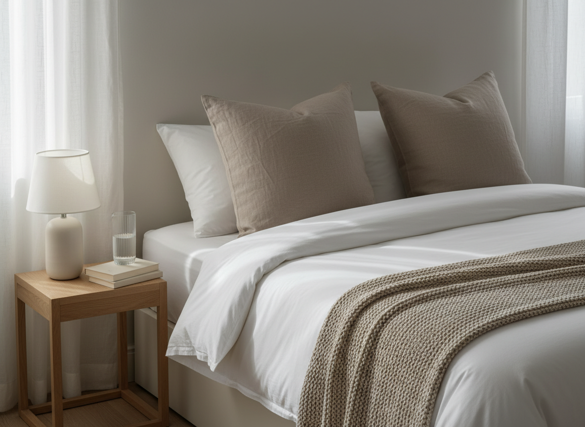 A serene bedroom corner featuring a high-thread-count, crisp white cotton duvet neatly draped over a low platform bed, accented by taupe linen pillows and a textured oatmeal knit throw. Beside the bed, a slim light oak nightstand supports a minimalist ceramic table lamp with a warm white glow, a small ribbed glass water carafe, and a single closed hardcover book without visible text. Natural morning light filters through off-white curtains, creating soft, diffused highlights on the fabrics. The composition is framed using the rule of thirds from a slightly elevated angle, with a blurred background of a smooth, pale greige wall. Photographic realism with a clean, modern, sophisticated atmosphere that feels restful, uncluttered, and quietly luxurious.