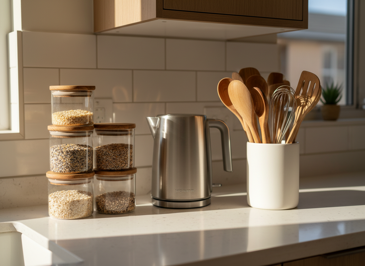 A sunlit kitchen counter scene highlighting premium everyday essentials: a set of three stackable glass storage jars with natural oak lids, a brushed stainless steel electric kettle with clean lines, and a smooth white ceramic utensil holder containing neatly arranged wooden spoons. They sit on a pale quartz countertop with subtle speckling, in front of a warm white subway tile backsplash. Late morning natural light pours in from a nearby window, creating soft, directional illumination and gentle reflections on the glass and metal, with controlled shadows that add depth without clutter. Photographic realism, captured from a slightly elevated angle with a balanced, centered composition and a softly blurred background hinting at additional neutral cabinetry. The overall mood is warm, organized, and sophisticated, suggesting an elevated yet practical everyday kitchen routine.