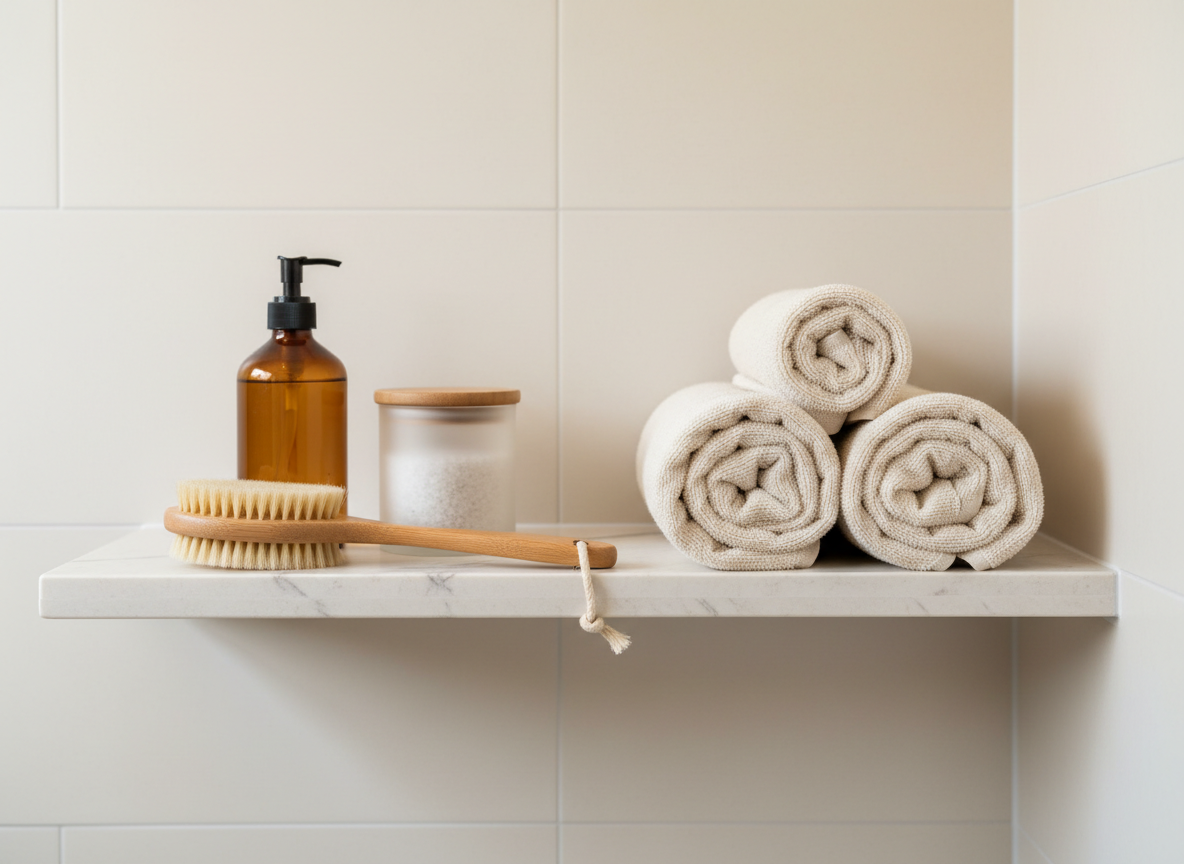 A carefully curated bathroom shelf display of everyday luxury essentials: neatly rolled ivory cotton towels with visible plush loops, an amber glass pump bottle with a blank label, a frosted glass jar with a wooden lid, and a natural bristle bath brush with a smooth oak handle. The items rest on a floating shelf of pale stone with soft veining, set against a warm white tiled wall with a subtle matte finish. Diffused overcast daylight enters from an unseen window, producing soft, shadowless illumination that emphasizes textures without glare. Shot straight-on at eye level with a medium depth of field so all products are crisp while the distant background recedes gently. Photographic realism with a minimal, spa-like, sophisticated mood and warm neutral palette, conveying calm, order, and elevated daily ritual.