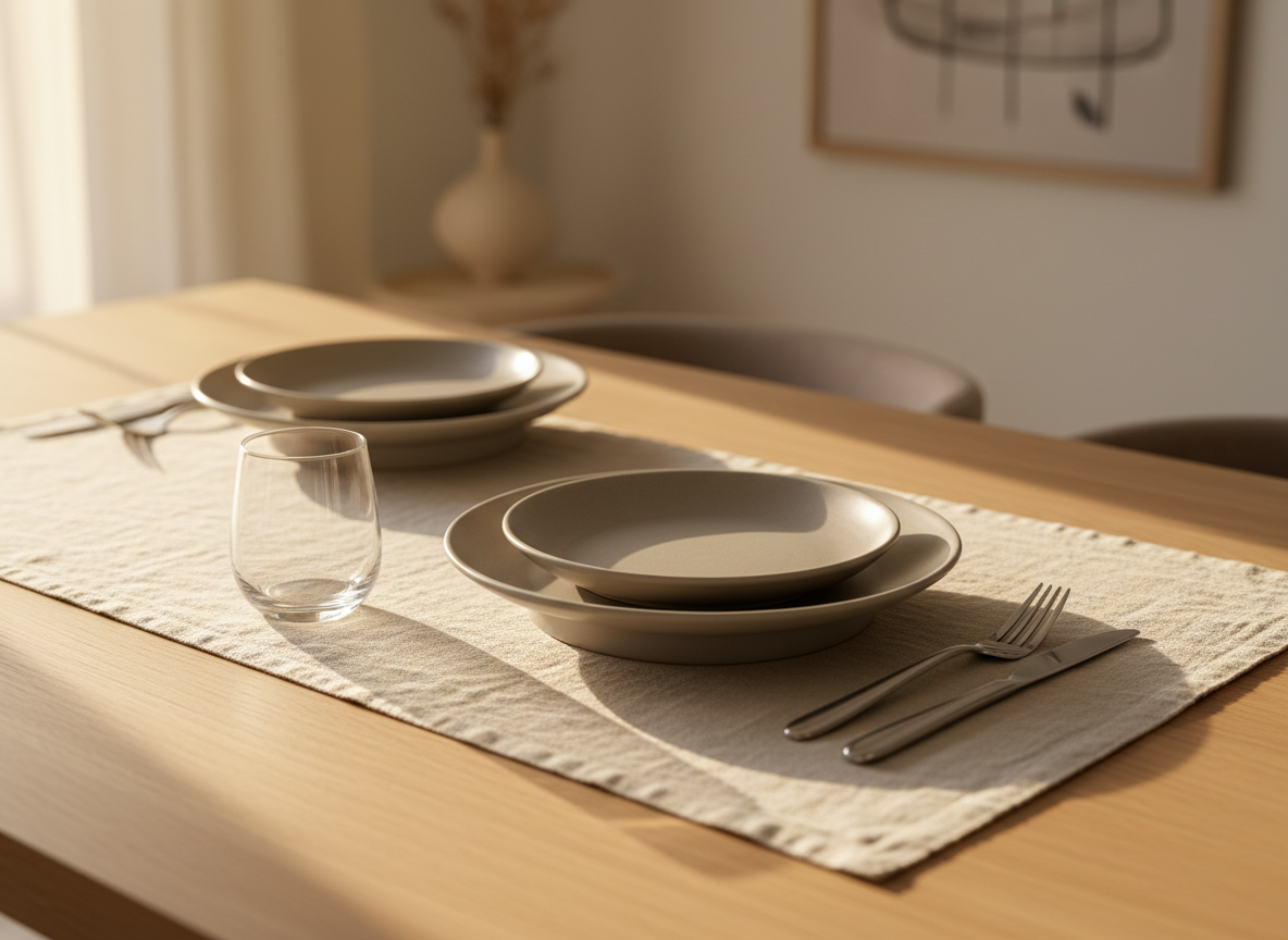 A minimalist dining table scene centered on a set of elevated tableware essentials: matte stoneware dinner plates in a soft warm gray, slender brushed stainless steel cutlery with rounded handles, and simple crystal-clear tumblers. The pieces are arranged on a pale oak tabletop with subtle grain, complemented by a flax-colored linen runner. Soft golden hour sunlight enters from the left, skimming the surface and creating gentle highlights on the metal and glass while casting delicate, elongated shadows. The background falls into a creamy, defocused blur with hints of a neutral-toned dining space. Captured at eye level with a shallow depth of field and asymmetrical composition, the photographic style is clean and contemporary, conveying an intimate, welcoming, and sophisticated dining atmosphere.